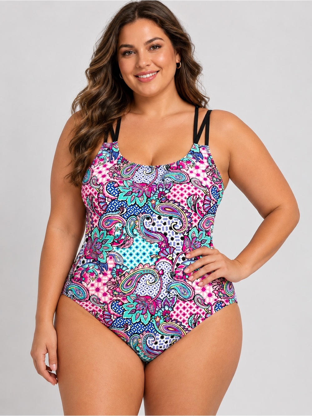 Catalina Colorful Paisley Floral Strappy Back Swimsuit Size 1X